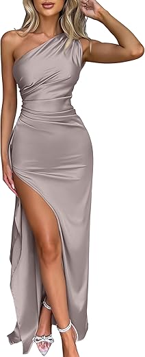 Memoriesea Women'S Sexy One Shoulder Satin High Split Cocktail Wedding Party Maxi Dress