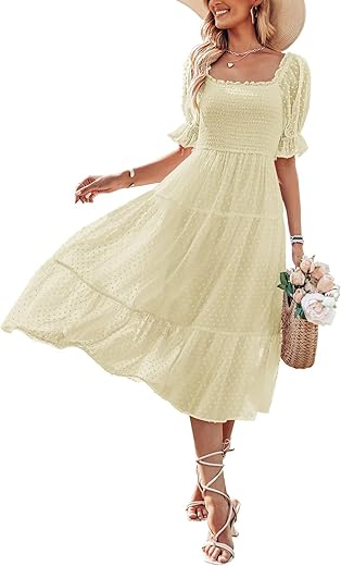 Merokeety Women'S 2024 Summer Square Neck Puff Sleeve Boho Midi Dress Swiss Dot Ruffle Flowy Tie Back Dress