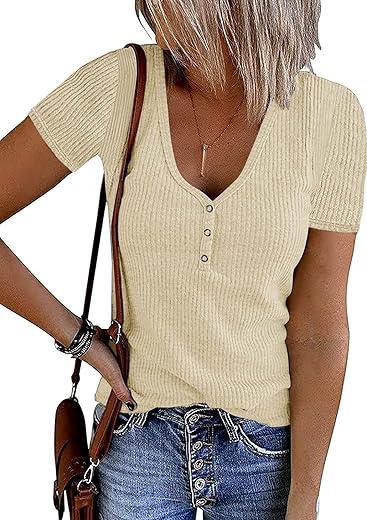 Merokeety Women'S Short Sleeve V Neck Ribbed Knit Button T Shirts Henley Solid Color Summer Tops