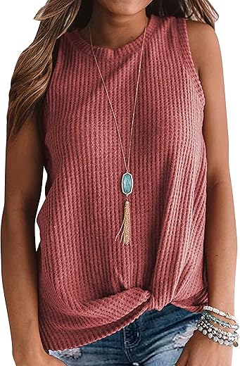 Miholl Womens Casual Tops Sleeveless Cute Twist Knot Waffle Knit Shirts Tank Tops