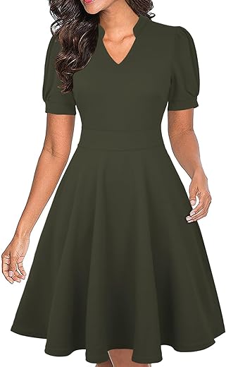 Mokayee Womens Summer Short Puff Sleeve Casual Semi-Formal Fit And Flare Church Wedding Guest Work Dresses With Pockets