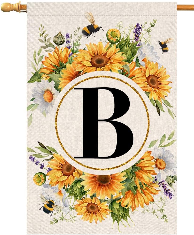 Monogram Letter B House Flag Summer Sunflower 28 X 40 Vertical Double Sided Spring Floral Bee Outside Decorations Large Burlap Family Last Name Initial Yard Flag