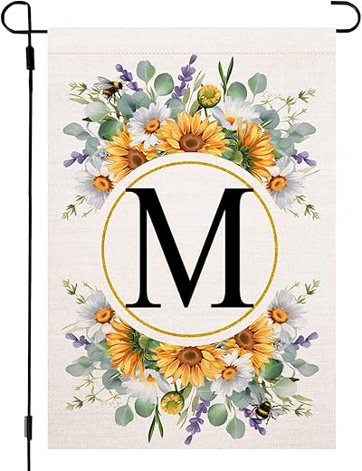 Monogram Letter M Garden Flag Summer Sunflower 12X18 Inch Double Sided Family Last Name Initial Yard Flags For Outside