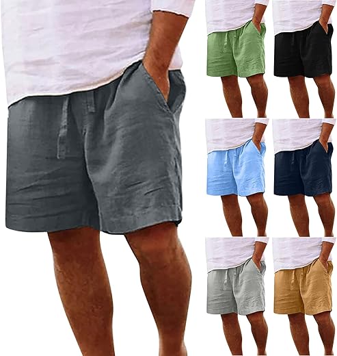 Muscularfit Mens Shorts Summer Casual Cotton Linen Shorts Drawstring Elastic Waist Beach Shorts With Pockets Outdoor Fashion