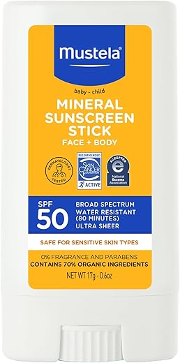 Mustela Baby Mineral Sunscreen Stick Spf 50 Broad Spectrum - Face &Amp; Body Sun Stick With 70% Organic Ingredients - Ultra Sheer, Water Resistant &Amp; Fragrance-Free - 0.6 Oz (Pack Of 1)