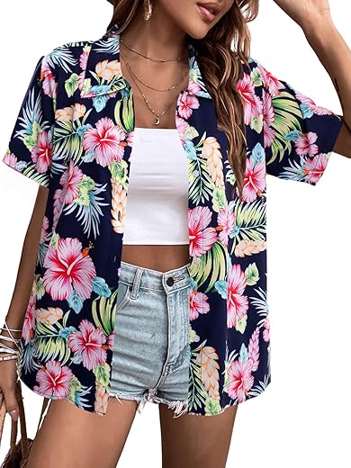 Myhalf Women Hawaiian Shirt Soft Cool Summer Hawaii Shirts Floral Tropic Print V Neck T-Shirt Short Sleeve Button Up Tops