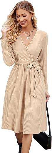 Newshows Womens 2024 Fall Sweater Dress Long Sleeve Business Casual Outfits V Neck Ribbed Knit Belt Trendy With Pockets