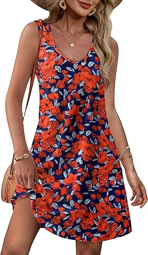 Ofeefan Womens Summer Dresses 2024 Loose V Neck Sleeveless Sundresses Swimsuit Coverup With Pockets Floral/Plain/Eyelet