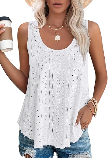 Ofeefan Womens Tank Tops Sleeveless Eyelet Embroidery Scoop Neck Loose Fit Casual Summer Flowy