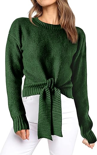 Okiwam Women'S Long Sleeve Cropped Knit Sweater Tie Front Crew Neck Solid Color Ribbed Pullover 2024 Casual Tops Jumper