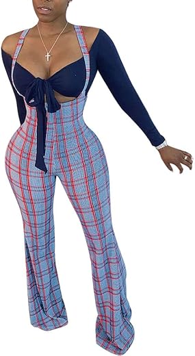 Ophestin Womens Sexy Off Shoulder Tie Crop Top Plaid Print Bell Pants Suspenders Set 2 Piece Outfits Jumpsuits Overalls