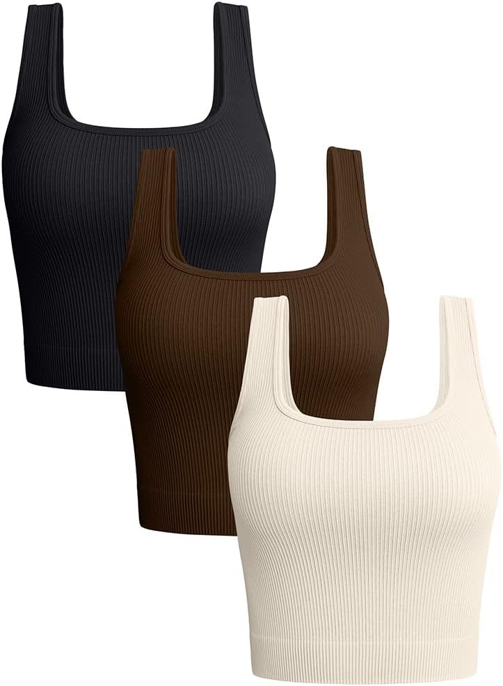 Oqq Women'S 3 Piece Tank Tops Ribbed Seamless Workout Exercise Shirts Yoga Crop Tops