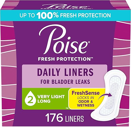 Poise Daily Liners, Incontinence Panty Liners, 2 Drop Very Light Absorbency, Long Length, 176 Count Of Pantiliners (4 Packs Of 44), Packaging May Vary