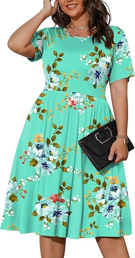 Poseshe Womens Plus Size Summer Dress 2024 Casual Short Sleeve Empire Waist Loose Fit Swing T-Shirt Dress With Pockets