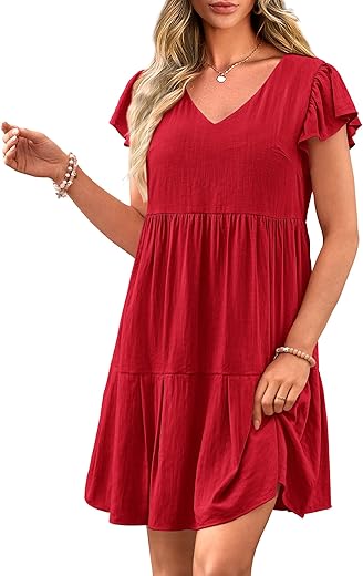 Prettygarden Women'S 2024 Summer Casual Short Dress Cap Sleeve V Neck Tiered Ruffle Swing A Line Dresses