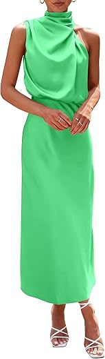 Prettygarden Women'S 2024 Summer Satin Dress Elegant Sleeveless Mock Neck Cocktail Party Maxi Dresses