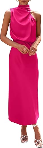 Prettygarden Women'S 2024 Summer Satin Dress Elegant Sleeveless Mock Neck Cocktail Party Maxi Dresses