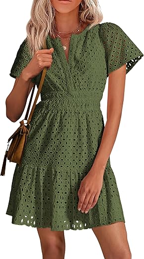 Prettygarden Womens 2024 Summer Short Dress V Neck Short Sleeve A Line Hollow Out Lace Ruffle Cute Casual Beach Party Dresses