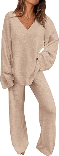 Prettygarden Women'S 2 Piece Pullover Sweater Set Oversized V Neck Top Wide Leg Pants Fall Winter Fuzzy Lounge Outfit