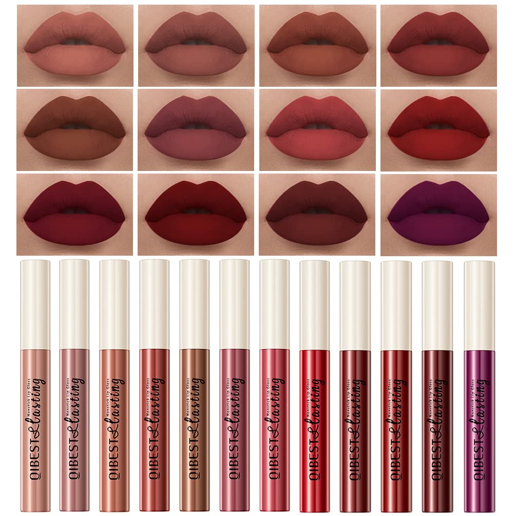 Qibest 12Pcs Matte Liquid Lipstick Set For Girls &Amp; Women, 24 Hours Long Lasting Waterproof Nude &Amp; Dark Red Lip Gloss Makeup Gift Kits, Velvet Non-Stick Cup Mate Duracion 24 Horas Originales Lip Stains