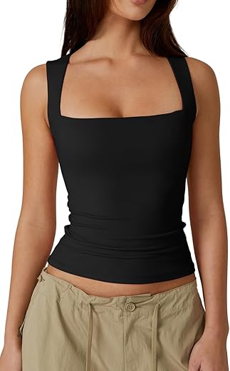 Qinsen Women'S Square Neck Sleeveless Double-Layer Tank Tops Basic Tight T Shirts