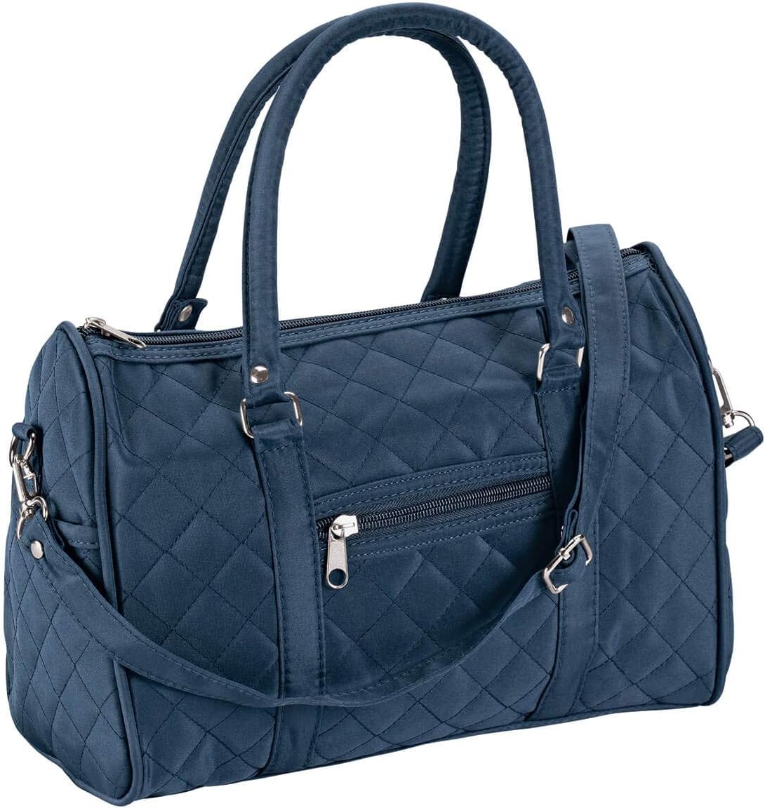 Quilted Barrel Handbag, 1 Zip Pocket And Two Side Pockets, Women’s Fashion, Silver Tone Hardware, Detachable Shoulder Strap, 100% Microfiber Polyester – Measures 12&Quot; Wide X 9&Quot; High X 5&Quot; Deep