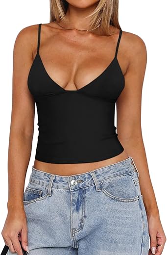 Reoria Butsmooth® Womens Sexy V-Neck Sleeveless Double Lined Going Out Y2K Trendy Cami Shirt Cropped Tank Tops