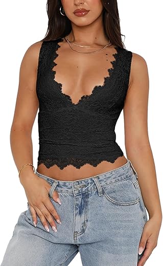 Reoria Womens Sexy V-Neck Sleeveless Double Lined Going Out Y2K Trendy Lace Cropped Tank Tops