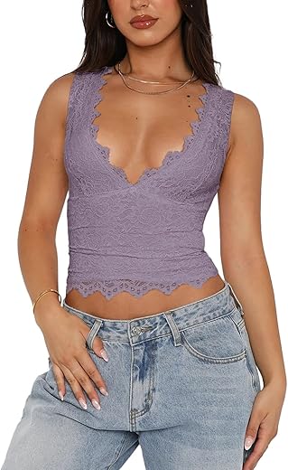 Reoria Womens Sexy V-Neck Sleeveless Double Lined Going Out Y2K Trendy Lace Cropped Tank Tops