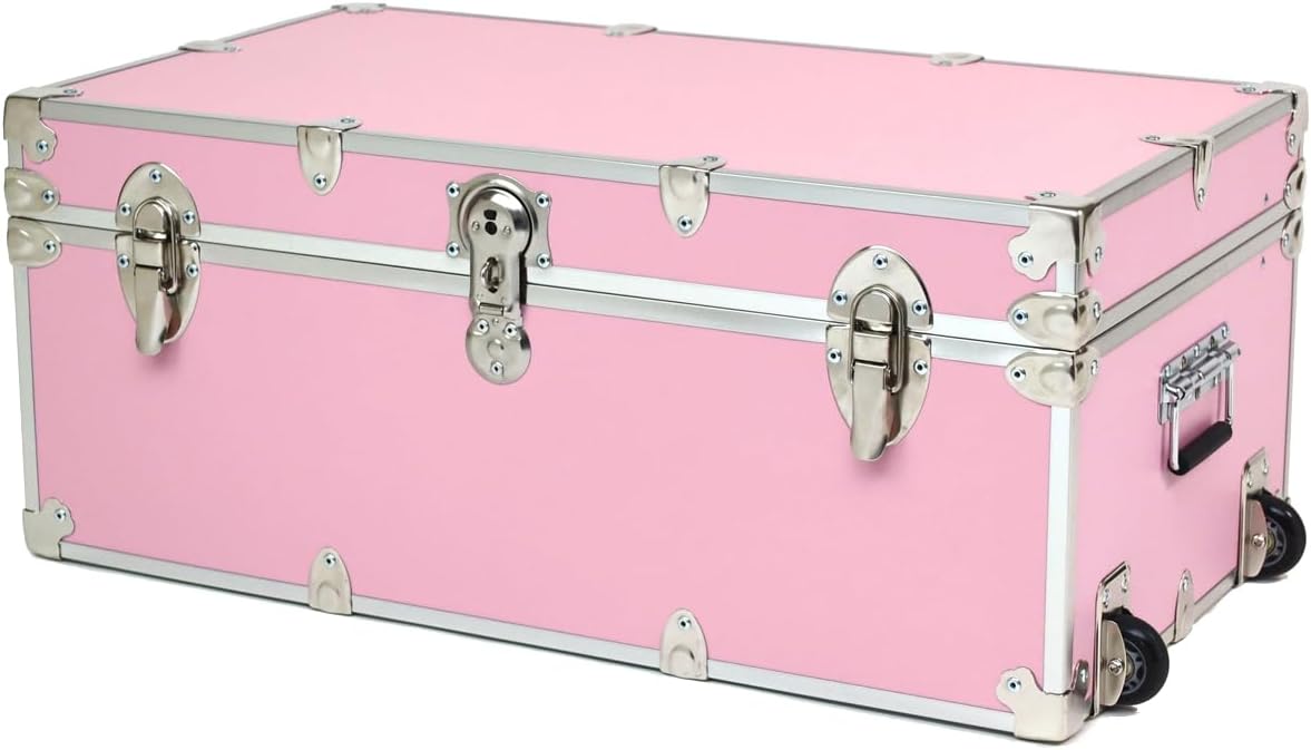 Rhino Trunk &Amp; Case Essential Summer Camp Trunk With Wheels - Camping Storage Chest - Ideal Footlocker For Campers - Strong 1000+ Pounds Sitting Capacity Trunks 32&Quot;X18&Quot;X14&Quot; (Pink)