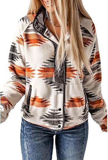 Selink Womens Fleece Jacket Western Aztec Print Long Sleeve Snap Button Down Shacket Jackets With Pockets