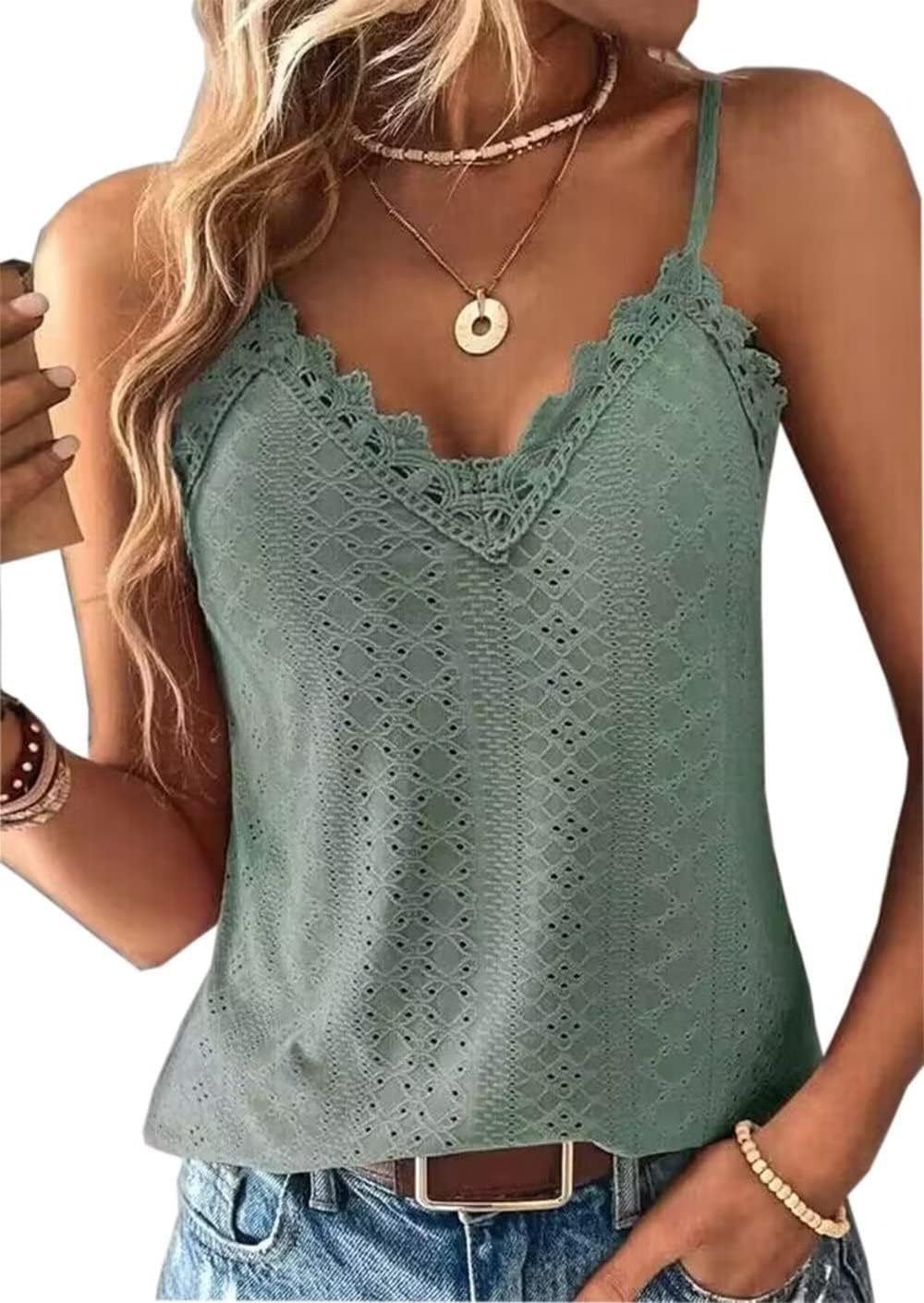 Sexy Lace Tank Tops For Women Summer Lace Splicing Spaghetti Strap Shirt Hollow Out Crochet Sleeveless Camisole