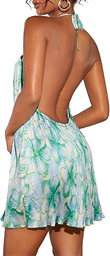 Shenhe Women'S Floral Halter Dresses Sexy Pleated Backless Flowy Mini Summer Dresses Vacation