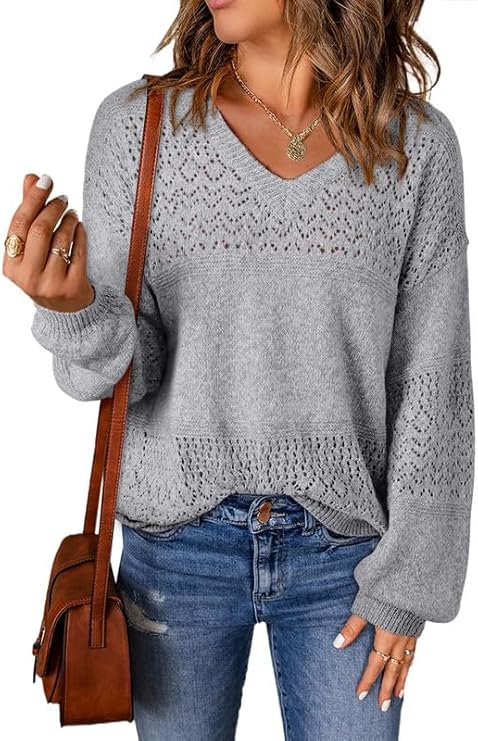 Shewin Womens Sweaters Casual Long Sleeve V Neck Lightweight Crochet Pullover Sweater Tops