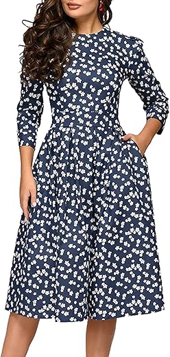 Simple Flavor Women'S Floral Vintage Dress Elegant Midi Evening Dress 3/4 Sleeves