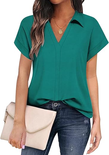 Simplefun Womens Work Tops Business Casual V Neck Collared Summer Tunic Short Sleeve Shirts Blouses