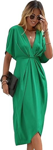 Soly Hux Women'S Plunge Deep V Neck Short Sleeve Summer Pleated Wrap Tunic Midi Dress