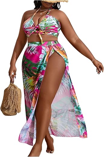 Soly Hux Women'S Plus Size 3 Piece Swimsuits Floral Print Halter Bikini Sets Bathing Suit With Beach Skirt