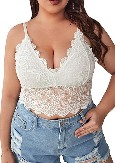 Soly Hux Women'S Plus Size Sexy Floral Lace Scalloped Trim Wireless Bra Adjustable Strap V Neck Everyday Bralette