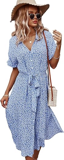 Soly Hux Womens Summer Dress Casual Ditsy Floral Tie Front Button Up Boho Midi Tshirt Dresses