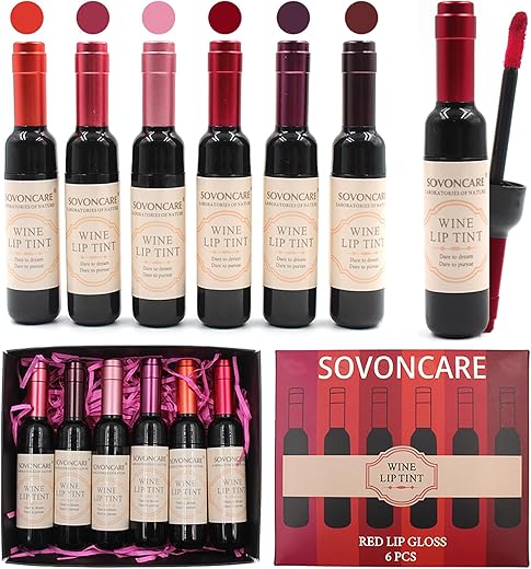 Sovoncare 6 Color Wine Lip Tint, Matte Liquid Lipstick Waterproof Natural Lip Stains Set Long Lasting Wine Bottle Lip Gloss Makeup Gift Idea For Girls &Amp; Women