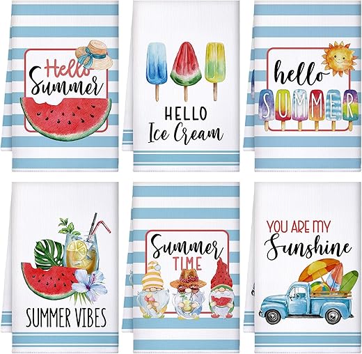 Sratte 6 Pcs Summer Kitchen Towels Dish Towels 24 X 16 Inch Farmhouse Summer Decorative Hand Bath Drying Towels Absorbent Tea Towel For Summer Kitchen Bathroom Decor (Blue, Red,Watermelon)