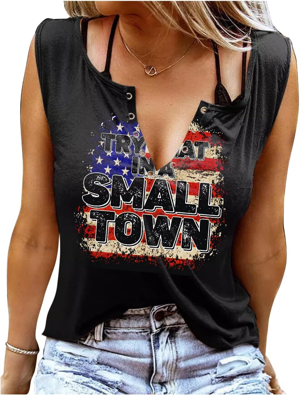 Summer Sexy V Neck Tank Tops For Women Casual Loose Fit Sleeveless T Shirts Country Music Ring Hole Basic Shirts Tanks