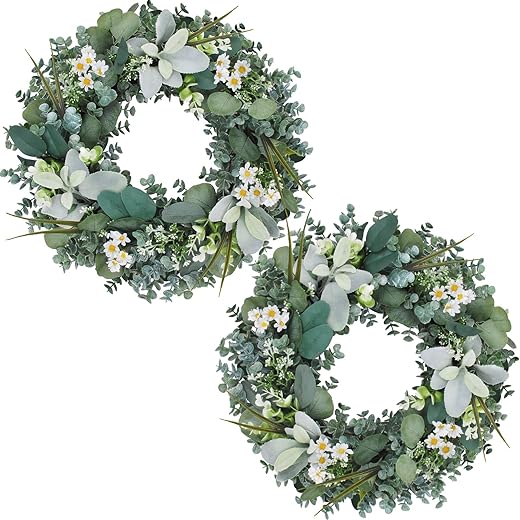 Summer Wreaths For Front Door,2 Pack 18''Green Eucalyptus Wreath,Year Round Greenery Wreath With Eucalyptus Boxwood Leaf Little Daisy Lambs Ear For Home,Outside Farmhouse,All Seasons-Indoor/Outdoor