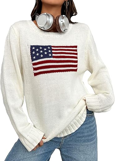 Sweatyrocks Women'S Flag Pattern Long Sleeve Round Neck Sweater Casual Loose Pullover Sweater