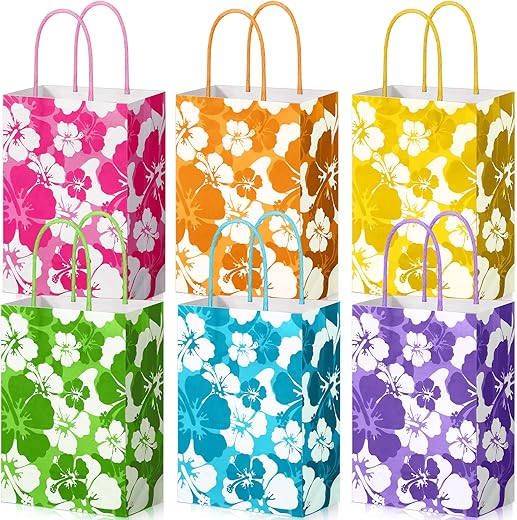 Teling 24 Pcs Hibiscus Party Favor Bag Hawaiian Themed Paper Bag With Handles Summer Tropical Gift Bags Tiki Luau Treat Bags Hawaii Goodie Bags Kids Birthday Party Supplies Multicolor 8.3 X 6 X 3&Quot;