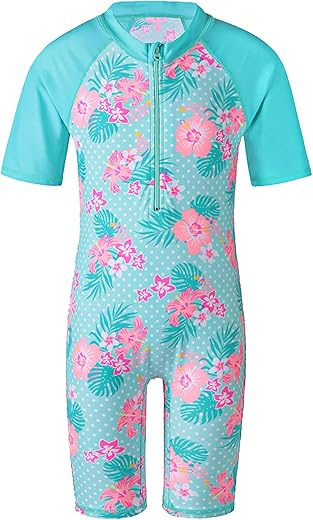 Tfjh E Short Sleeve Girls Swimsuits Uv 50+ One Pieces Bathing Suits Zipper 2-14Y