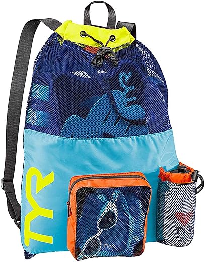 Tyr Big Mesh Mummy Backpack For Wet Swimming, Gym, And Workout Gear, Blue/Yellow