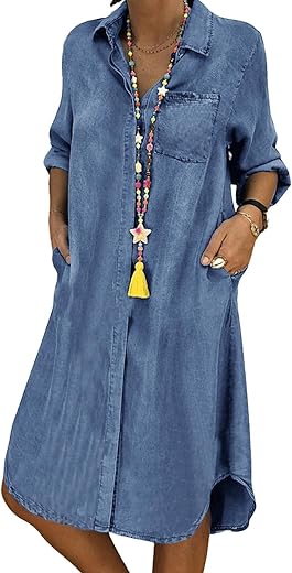 Utcoco Denim Dress For Women 2024 Casual Loose Long Sleeve Classic Vintage Button Down Jean Shirt Dresses With Pockets