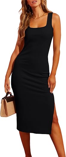 Valiamcep Women'S Summer Midi Bodycon Dresses Basic Square Neck Side Slit Ribbed Knit Fitted Casual Sleeveless Tank Dress